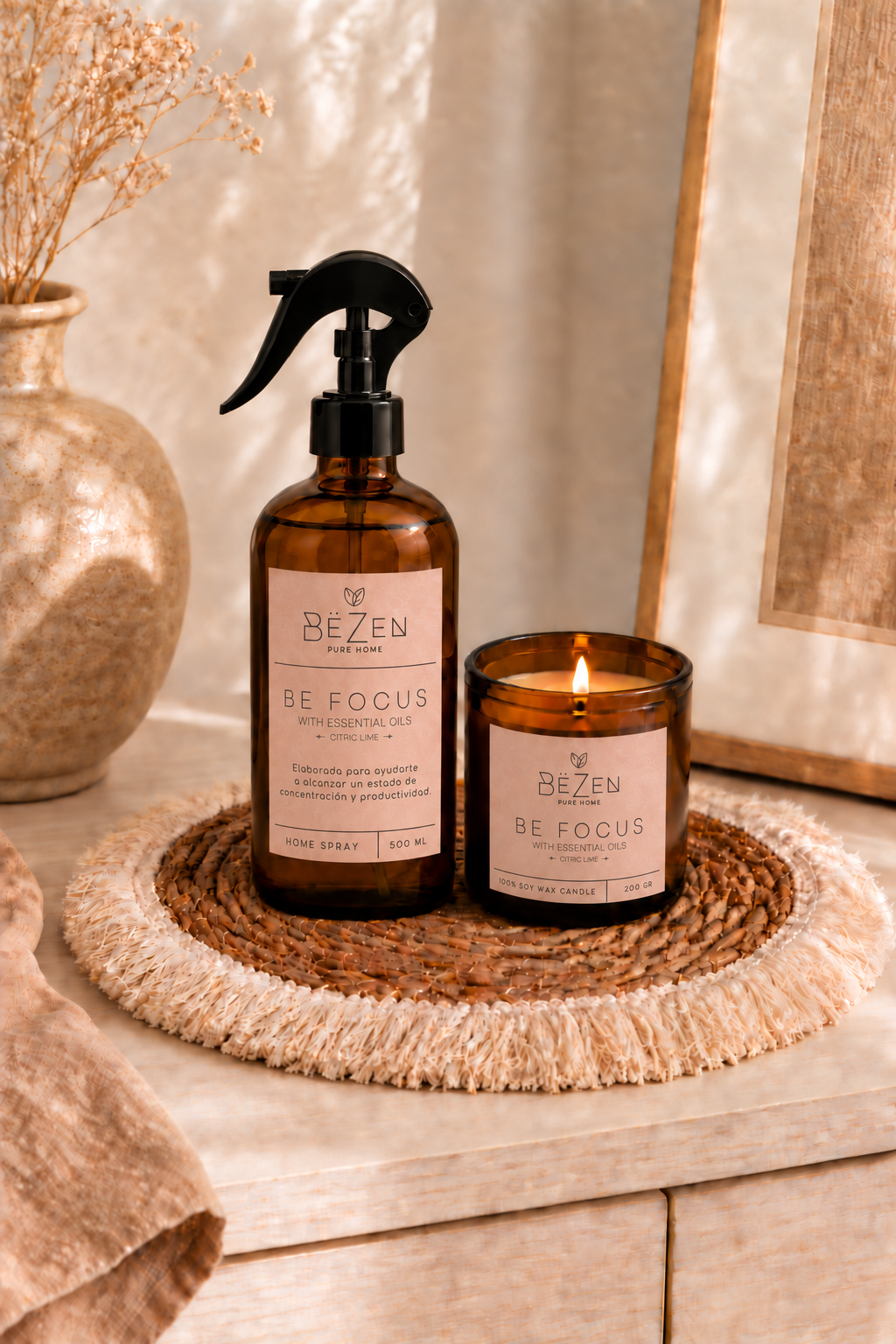 Kit Bandeja Boho + Home Spray + Vela
