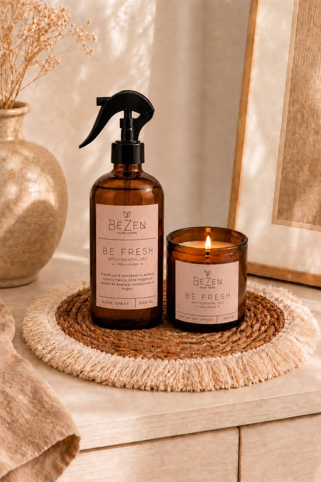 Kit Bandeja Boho + Home Spray + Vela