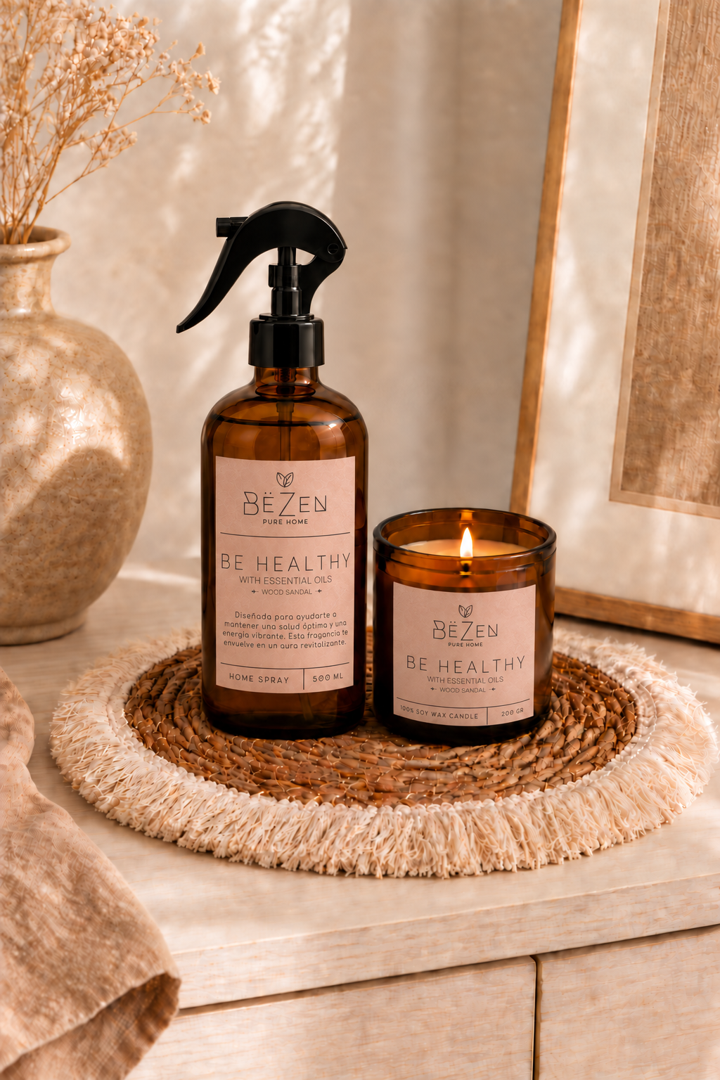 Kit Bandeja Boho + Home Spray + Vela