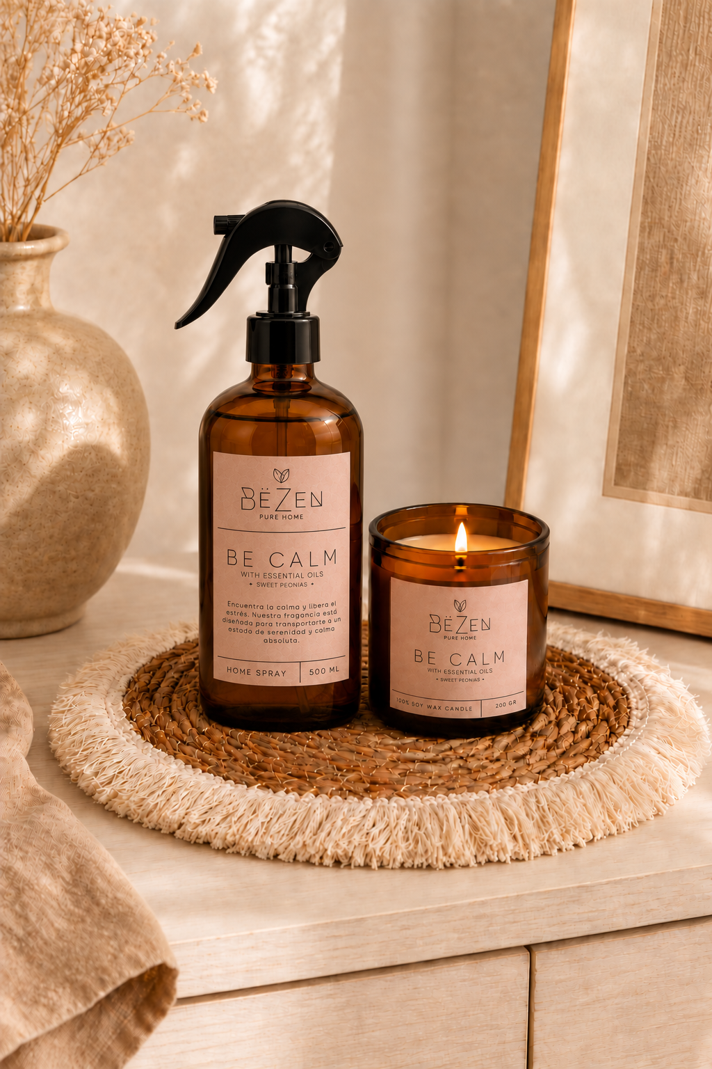 Kit Bandeja Boho + Home Spray + Vela